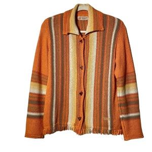 Vintage Genoa Multicolor Cardigan Collared BOHO Sweater Fringe Size M